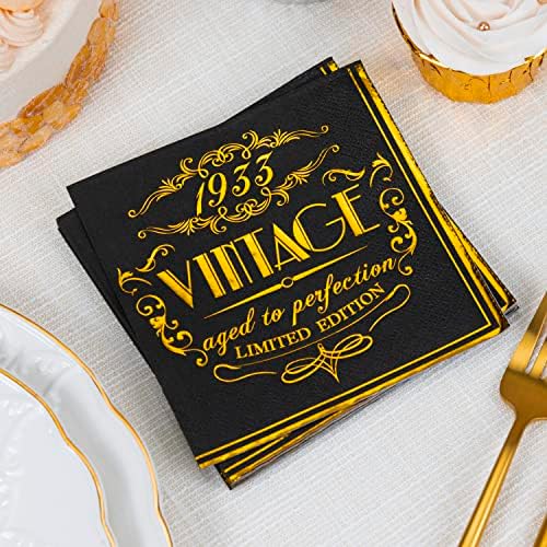 מפיות ליום הולדת 90 של קריסקי לגברים קישוטי שולחן יום הולדת 90 וינטג 'זהב שחור 1933 משקאות קינוח קישוטי