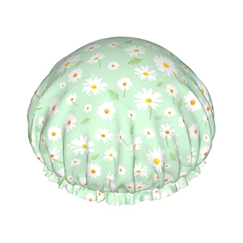 פרחי חיננית לבנים כובע מקלחת כובעי אמבטיה לשימוש חוזר לנשים שכבות כפולות כובע מקלחת אלסטיות
