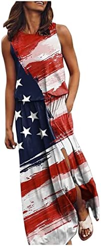 שמלות 4 ביולי לנשים דגל אמריקאי מזדמן ארוך שמלת מקסי חוף קיץ חוף שורה שמלות עם כיס