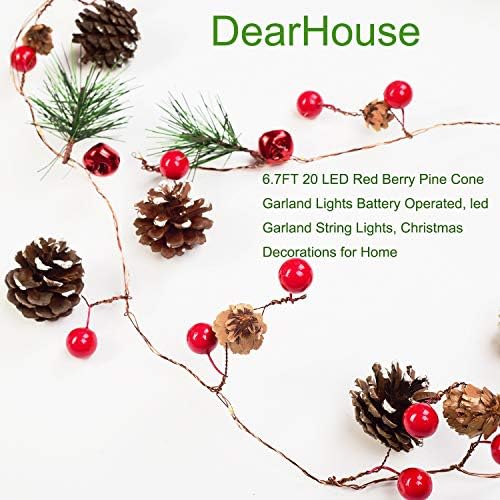זרי חג המולד של Dearhouse 6.7ft עם אורות, 20 LED אדום פירות אורן אורן גרנד אורות אורות מופעלים, אורות