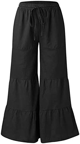 מכנסי פשתן כותנה לנשים, קיץ מזדמן יוגה רגל רחבה מכנסיים ארוכים מכנסי טרקלין מודפסים פרחים לנשים