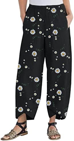 מכנסי קפרי מזדמנים לנשים כותנה פשתן מכנסי פיג'מה הדפס פרחוני המותניים המותניים המותניים המותניים עם