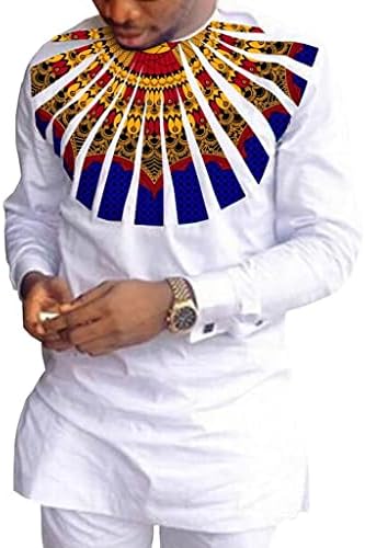 תלבושת אפריקאית של 2 חלקים אפריקאית חולצה דפוס שרוול ארוך ומכנסיים קבעו כותנה כותנה מסורתית אימונית