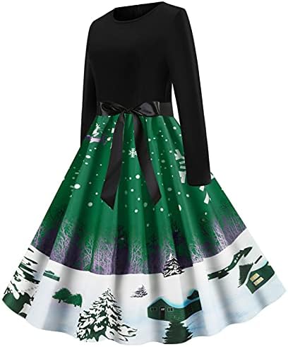 שמלת מסיבות לנשים שמלת חג המולד שרוול ארוך עץ חג המולד שמלה מודפסת שמלה וינטג