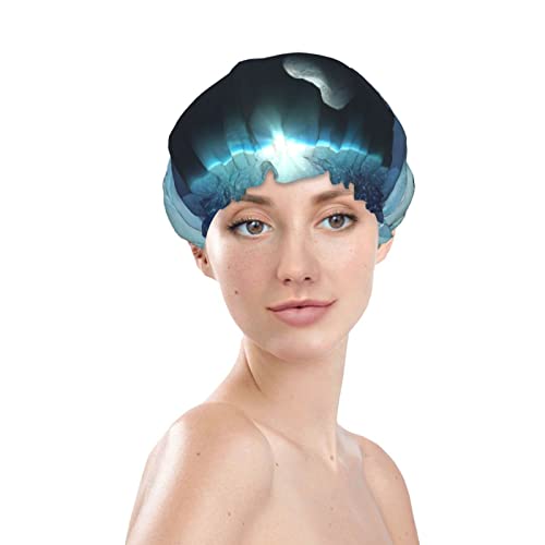 כוכבי ירח וכוכבי לכת כובע מקלחת מודפס, שכבות כפולות כובע אמבטיה לנשים כובעי מקלחת אמבטיה אטומים למים